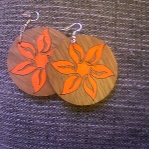 Wooden Earrings with Orange Floral Design